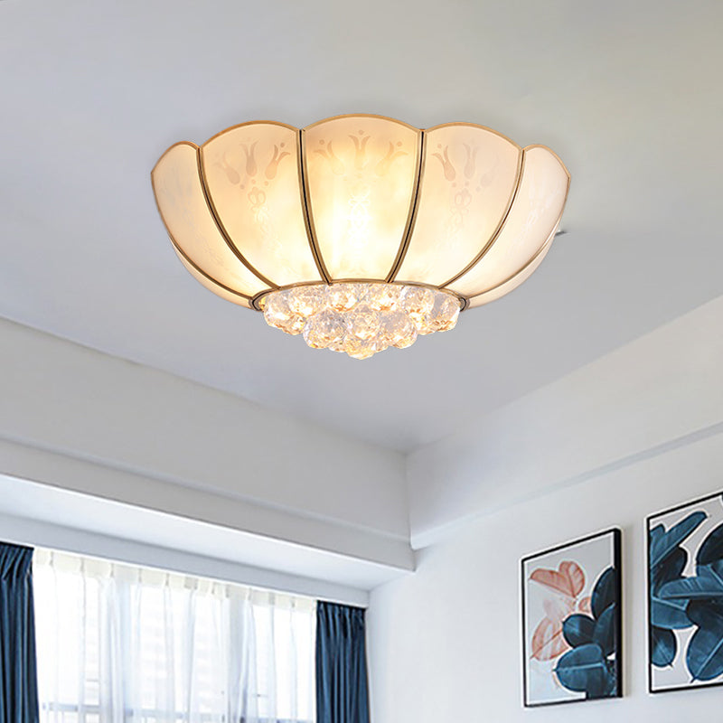 Ivory Glass Scallop Ceiling Fixture Colonialism 4/6 Bulbs Bedroom Flush Mount Lighting in Gold with Crystal Ball 6 Gold Clearhalo 'Ceiling Lights' 'Close To Ceiling Lights' 'Close to ceiling' 'Flush mount' Lighting' 1454141