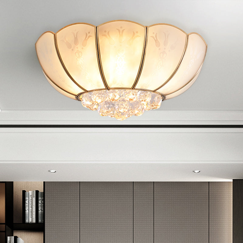 Ivory Glass Scallop Ceiling Fixture Colonialism 4/6 Bulbs Bedroom Flush Mount Lighting in Gold with Crystal Ball Clearhalo 'Ceiling Lights' 'Close To Ceiling Lights' 'Close to ceiling' 'Flush mount' Lighting' 1454142