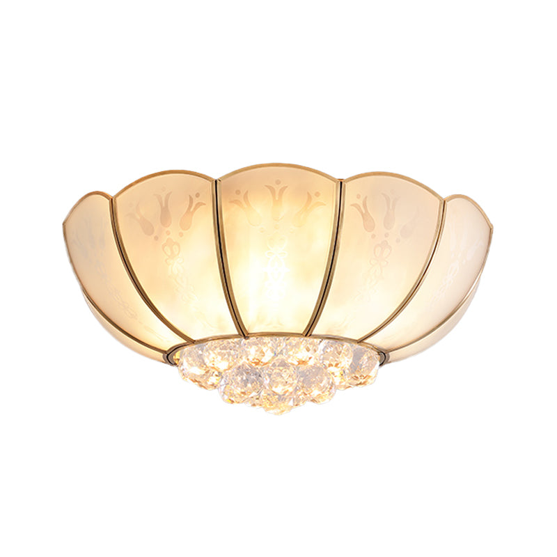 Ivory Glass Scallop Ceiling Fixture Colonialism 4/6 Bulbs Bedroom Flush Mount Lighting in Gold with Crystal Ball Clearhalo 'Ceiling Lights' 'Close To Ceiling Lights' 'Close to ceiling' 'Flush mount' Lighting' 1454143