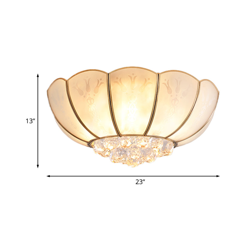 Ivory Glass Scallop Ceiling Fixture Colonialism 4/6 Bulbs Bedroom Flush Mount Lighting in Gold with Crystal Ball Clearhalo 'Ceiling Lights' 'Close To Ceiling Lights' 'Close to ceiling' 'Flush mount' Lighting' 1454144