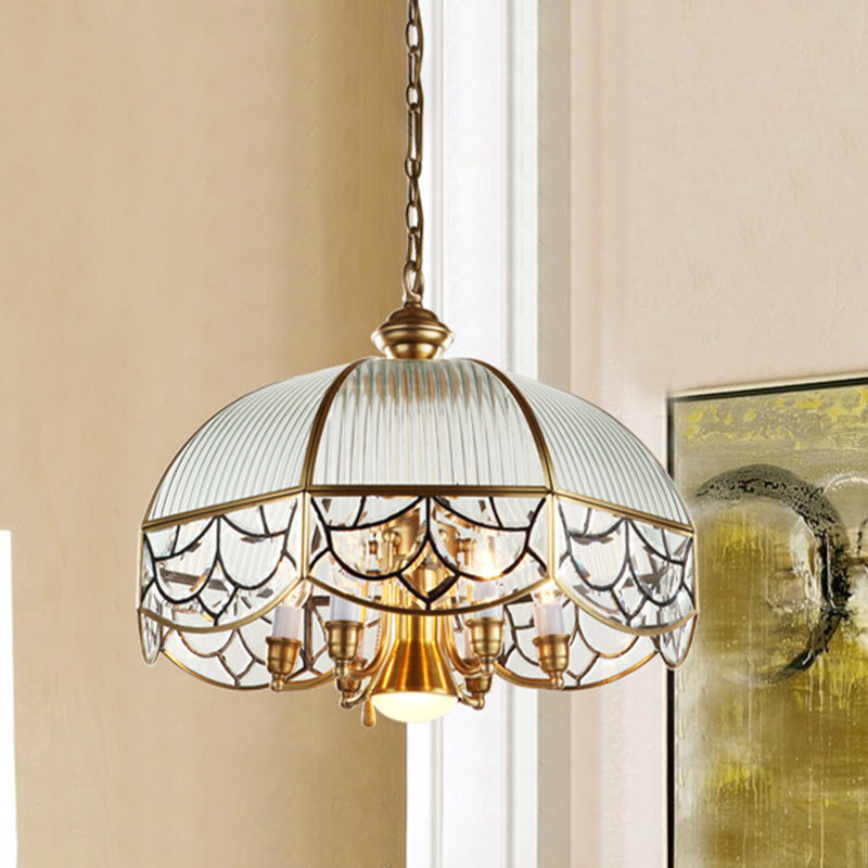 Prismatic Glass Gold Chandelier Lamp Scalloped 7-Bulb Colonial Hanging Light with Pull Chain Switch Gold Clearhalo 'Ceiling Lights' 'Chandeliers' Lighting' options 1454224_4599d02d-506c-4143-b09a-2072082cc0f5