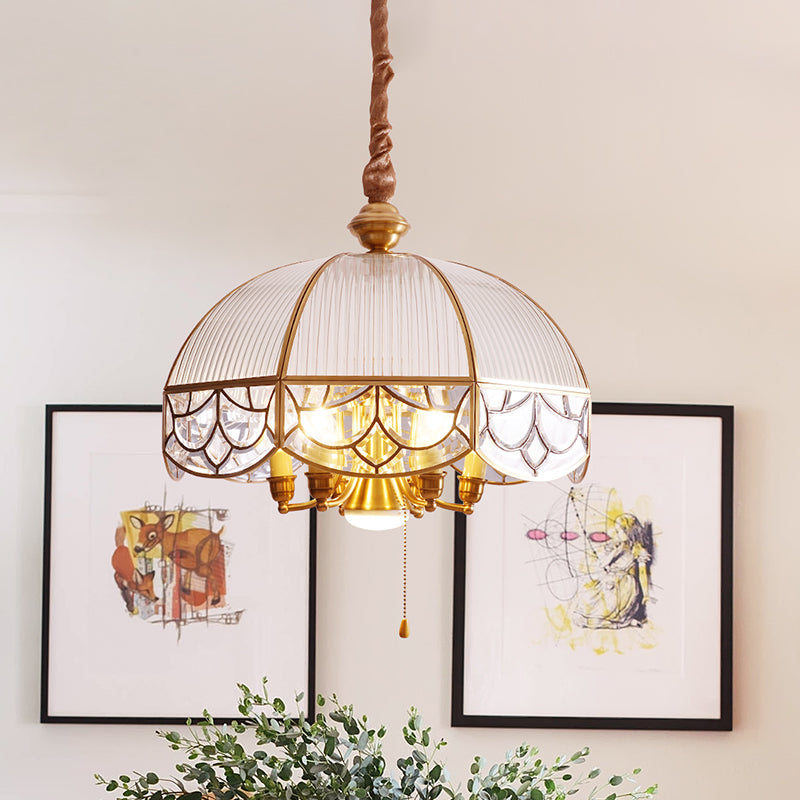 Prismatic Glass Gold Chandelier Lamp Scalloped 7-Bulb Colonial Hanging Light with Pull Chain Switch Clearhalo 'Ceiling Lights' 'Chandeliers' Lighting' options 1454225