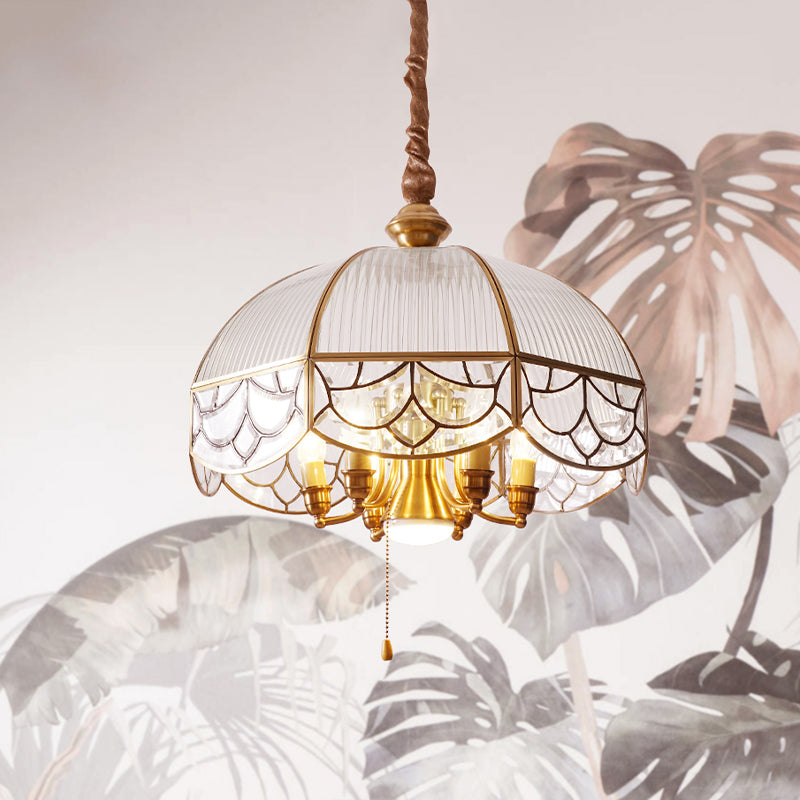 Prismatic Glass Gold Chandelier Lamp Scalloped 7-Bulb Colonial Hanging Light with Pull Chain Switch Clearhalo 'Ceiling Lights' 'Chandeliers' Lighting' options 1454226