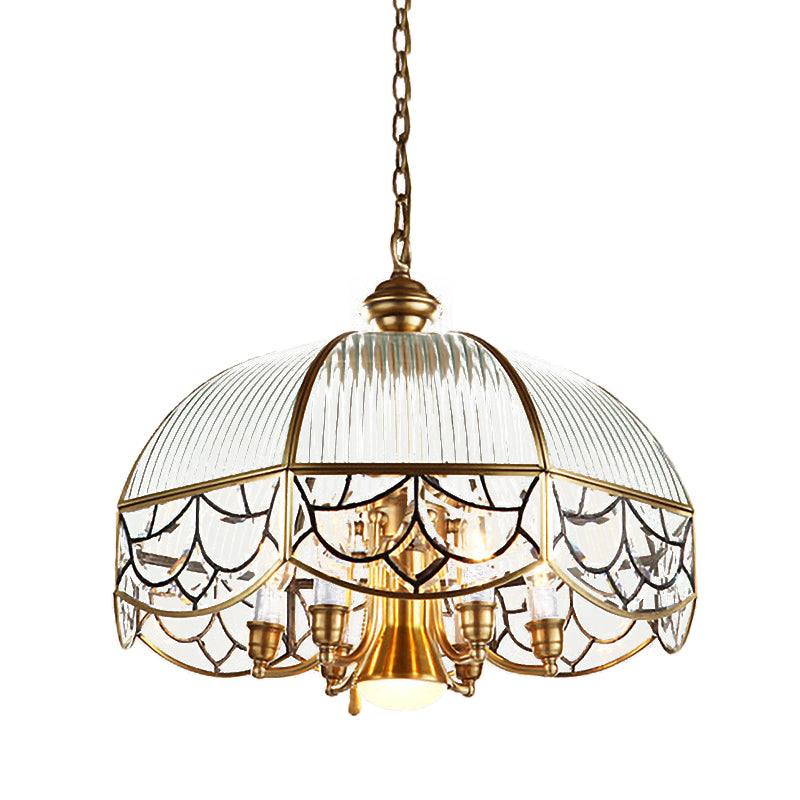 Prismatic Glass Gold Chandelier Lamp Scalloped 7-Bulb Colonial Hanging Light with Pull Chain Switch Clearhalo 'Ceiling Lights' 'Chandeliers' Lighting' options 1454227