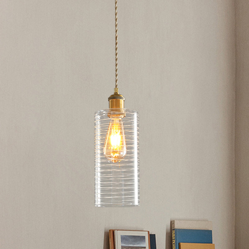 Colonialism Column Down Lighting Pendant 1-Bulb Clear Glass Hanging Ceiling Light in Gold Clearhalo 'Ceiling Lights' 'Pendant Lights' 'Pendants' Lighting' 1454241