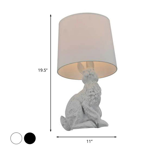 Rustic Barrel Nightstand Light 1 Bulb Fabric Night Table Lamp in Black/White with Resin Rabbit Base for Bedroom Clearhalo 'Lamps' 'Table Lamps' Lighting' 1454263