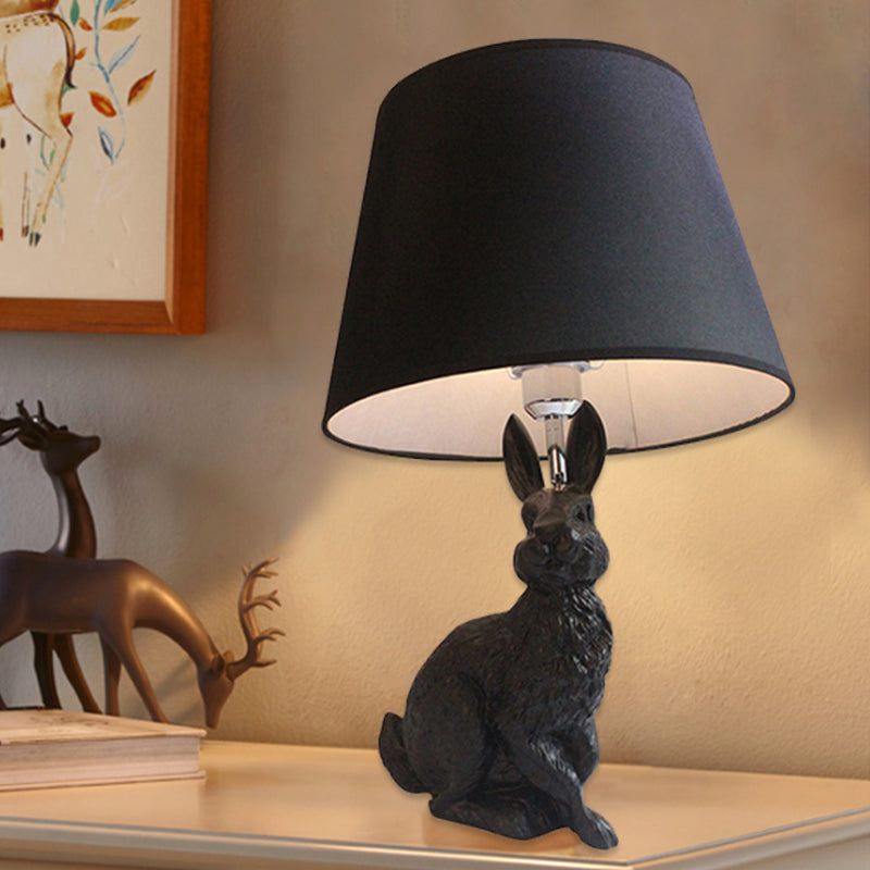 Rustic Barrel Nightstand Light 1 Bulb Fabric Night Table Lamp in Black/White with Resin Rabbit Base for Bedroom Clearhalo 'Lamps' 'Table Lamps' Lighting' 1454264