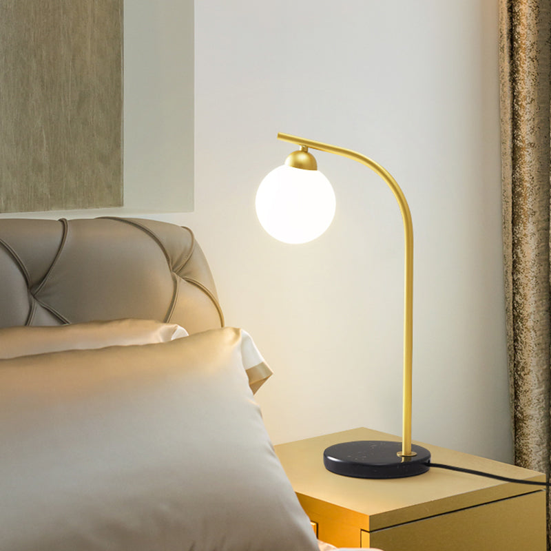Minimalist Ball Shade Table Light Ivory Glass 1 Head Bedside Night Lam with Black/Gold Bended Stand Clearhalo 'Lamps' 'Table Lamps' Lighting' 1454288