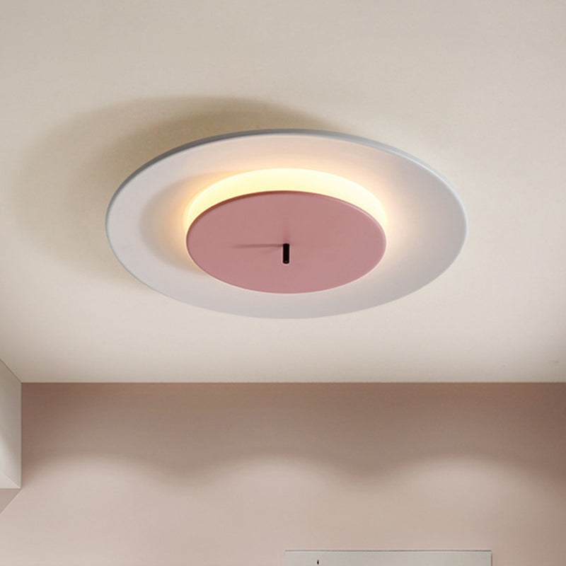 Iron 2-Layer Round Thin Ceiling Lighting Macaron Pink/Black/White LED Flush Mount Fixture in 3 Color Light Clearhalo 'Ceiling Lights' 'Close To Ceiling Lights' 'Close to ceiling' 'Flush mount' Lighting' 1454422