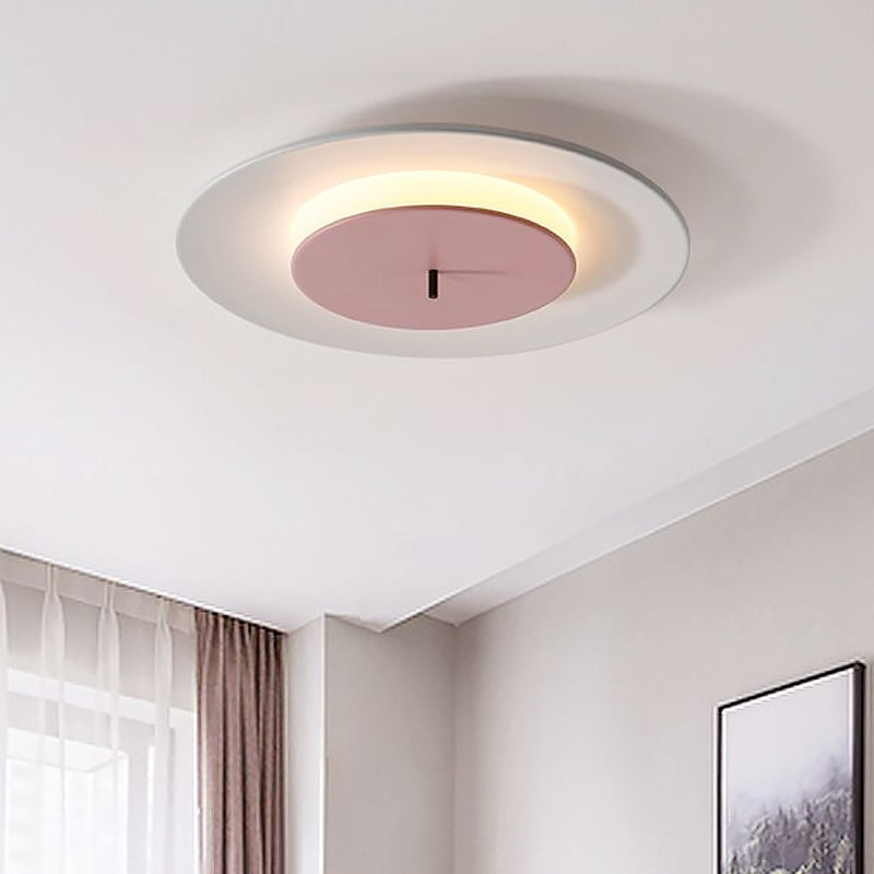 Iron 2-Layer Round Thin Ceiling Lighting Macaron Pink/Black/White LED Flush Mount Fixture in 3 Color Light Pink Clearhalo 'Ceiling Lights' 'Close To Ceiling Lights' 'Close to ceiling' 'Flush mount' Lighting' 1454423