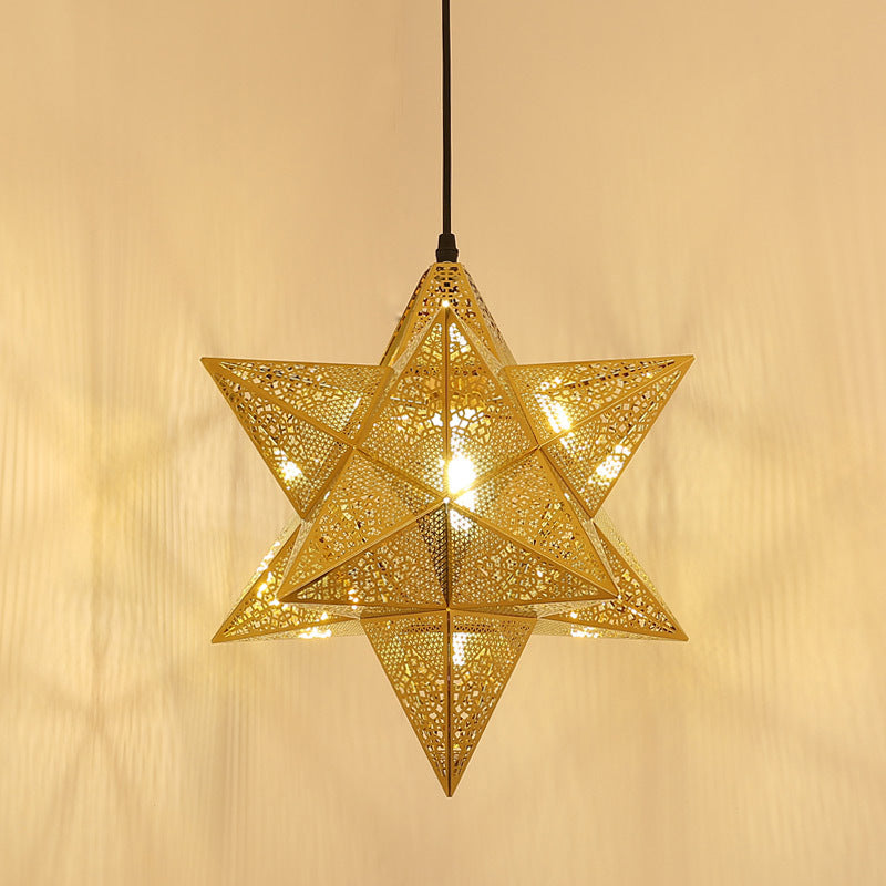 Cutout Star Restaurant Pendant Light Colonial Stainless Steel 1-Bulb Gold Suspension Lighting, 14"/18" Wide Clearhalo 'Ceiling Lights' 'Pendant Lights' 'Pendants' Lighting' 1454458