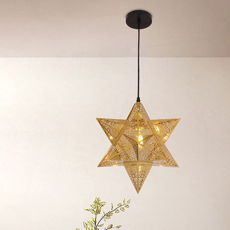 Cutout Star Restaurant Pendant Light Colonial Stainless Steel 1-Bulb Gold Suspension Lighting, 14"/18" Wide Clearhalo 'Ceiling Lights' 'Pendant Lights' 'Pendants' Lighting' 1454459