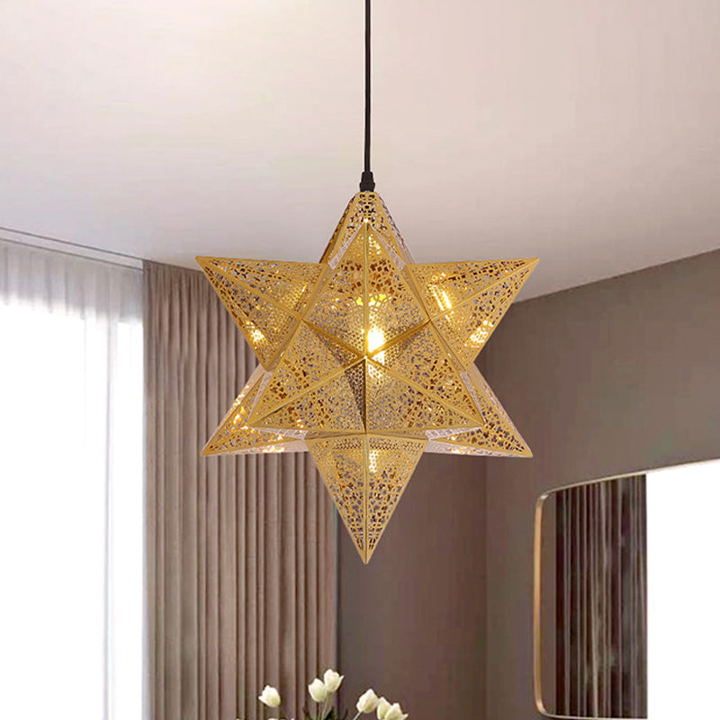 Cutout Star Restaurant Pendant Light Colonial Stainless Steel 1-Bulb Gold Suspension Lighting, 14"/18" Wide Clearhalo 'Ceiling Lights' 'Pendant Lights' 'Pendants' Lighting' 1454460