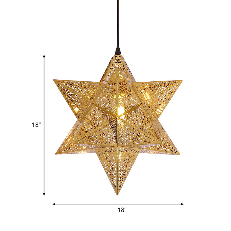 Cutout Star Restaurant Pendant Light Colonial Stainless Steel 1-Bulb Gold Suspension Lighting, 14"/18" Wide Clearhalo 'Ceiling Lights' 'Pendant Lights' 'Pendants' Lighting' 1454463