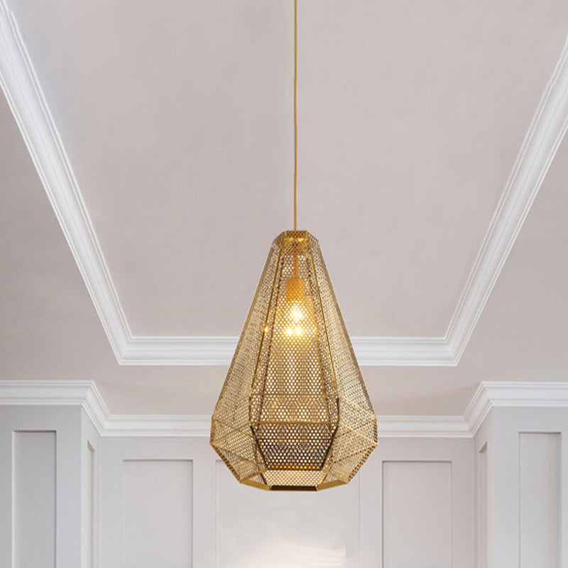 Colonial Cutout Diamond Suspension Light 1-Bulb Stainless Steel Down Lighting Pendant in Gold Clearhalo 'Ceiling Lights' 'Pendant Lights' 'Pendants' Lighting' 1454465