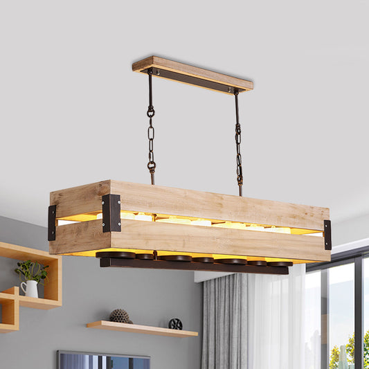 Rectangular Wooden Island Pendant Light Rustic 7 Lights Dining Room Hanging Lamp in Brown Brown Clearhalo 'Ceiling Lights' 'Island Lights' Lighting' 1454526