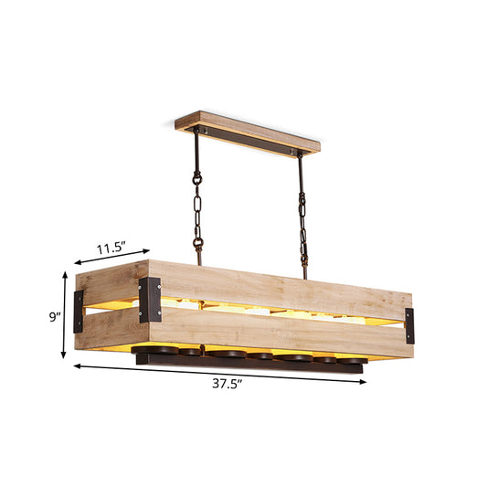 Rectangular Wooden Island Pendant Light Rustic 7 Lights Dining Room Hanging Lamp in Brown Clearhalo 'Ceiling Lights' 'Island Lights' Lighting' 1454530