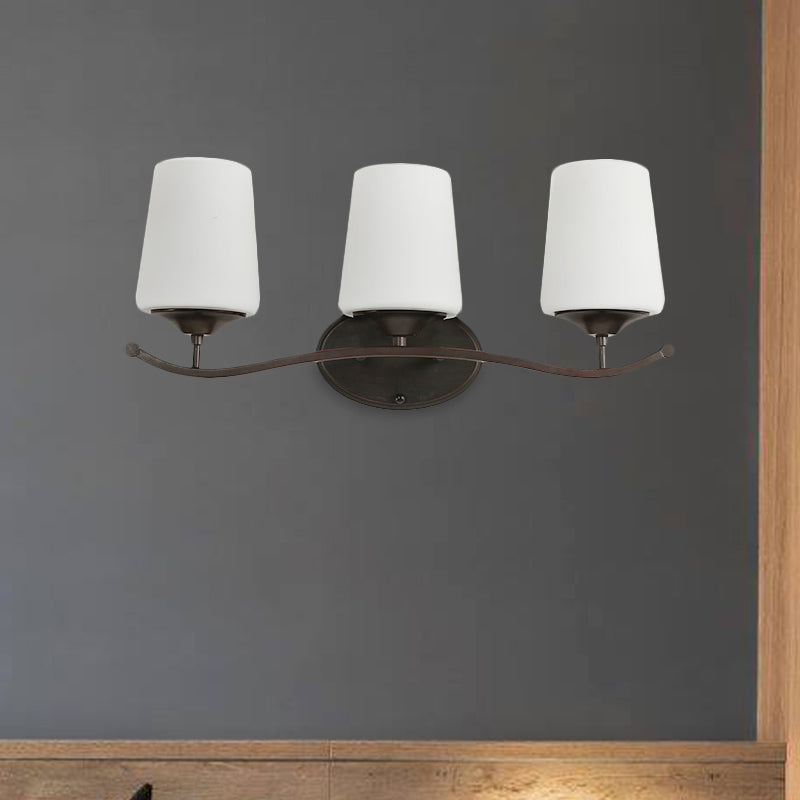 2/3-Bulb Ivory Glass Vanity Lighting Traditional Black Tapered Bedroom Wall Light with Iron Wavy Arm Clearhalo 'Vanity Lights' 'Wall Lights' Lighting' 1454576