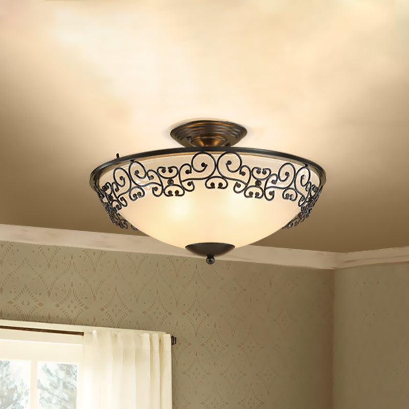 Gold/Black Bowl Ceiling Lighting Antique Opal Glass 5 Bulbs Dining Room Semi Flush Mount with Metal Frame Black Clearhalo 'Ceiling Lights' 'Close To Ceiling Lights' 'Close to ceiling' 'Semi-flushmount' Lighting' 1454597