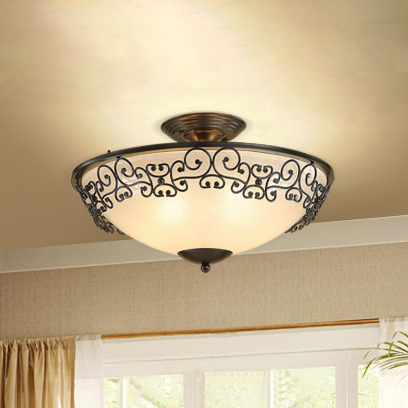 Gold/Black Bowl Ceiling Lighting Antique Opal Glass 5 Bulbs Dining Room Semi Flush Mount with Metal Frame Clearhalo 'Ceiling Lights' 'Close To Ceiling Lights' 'Close to ceiling' 'Semi-flushmount' Lighting' 1454598