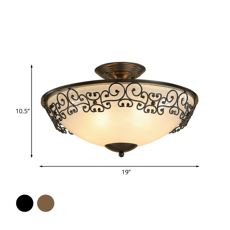 Gold/Black Bowl Ceiling Lighting Antique Opal Glass 5 Bulbs Dining Room Semi Flush Mount with Metal Frame Clearhalo 'Ceiling Lights' 'Close To Ceiling Lights' 'Close to ceiling' 'Semi-flushmount' Lighting' 1454600