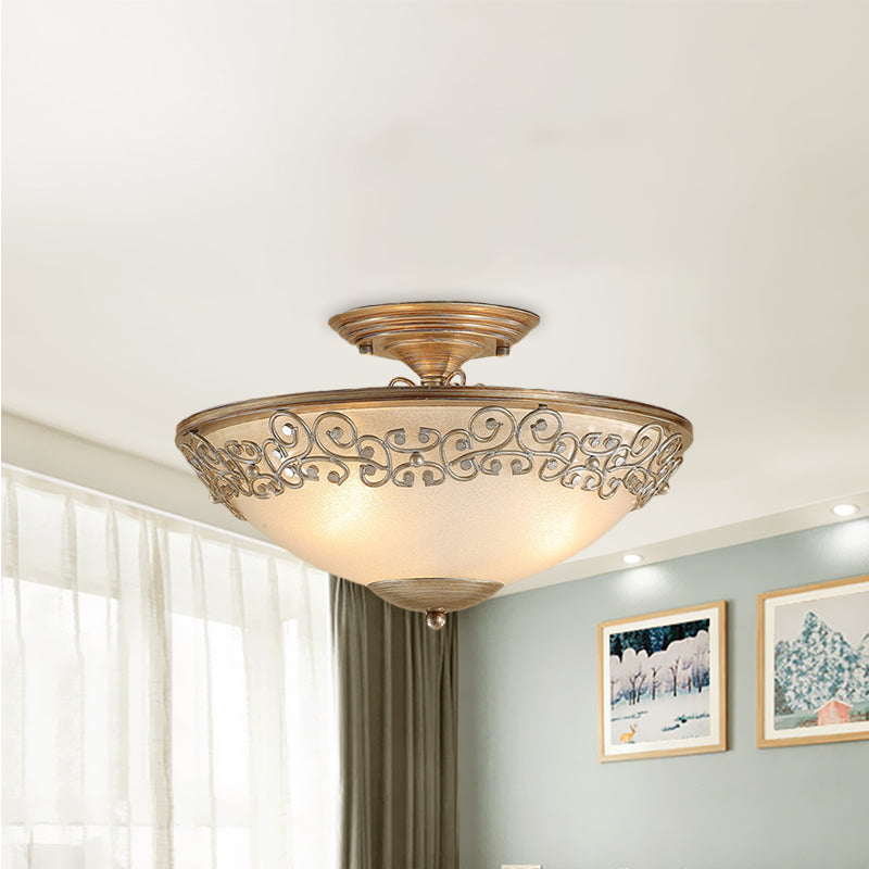 Gold/Black Bowl Ceiling Lighting Antique Opal Glass 5 Bulbs Dining Room Semi Flush Mount with Metal Frame Gold Clearhalo 'Ceiling Lights' 'Close To Ceiling Lights' 'Close to ceiling' 'Semi-flushmount' Lighting' 1454602