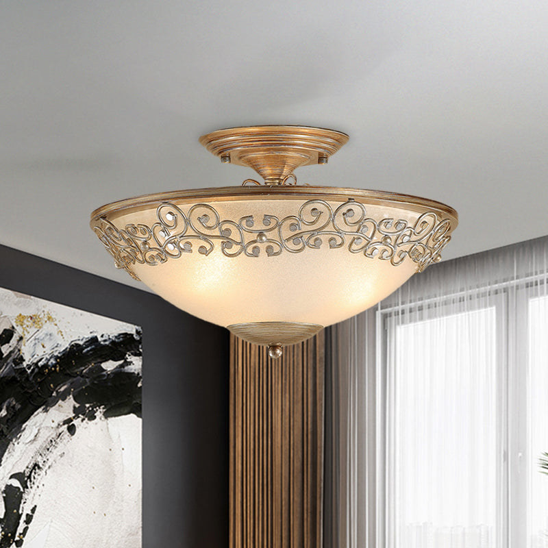 Gold/Black Bowl Ceiling Lighting Antique Opal Glass 5 Bulbs Dining Room Semi Flush Mount with Metal Frame Clearhalo 'Ceiling Lights' 'Close To Ceiling Lights' 'Close to ceiling' 'Semi-flushmount' Lighting' 1454603