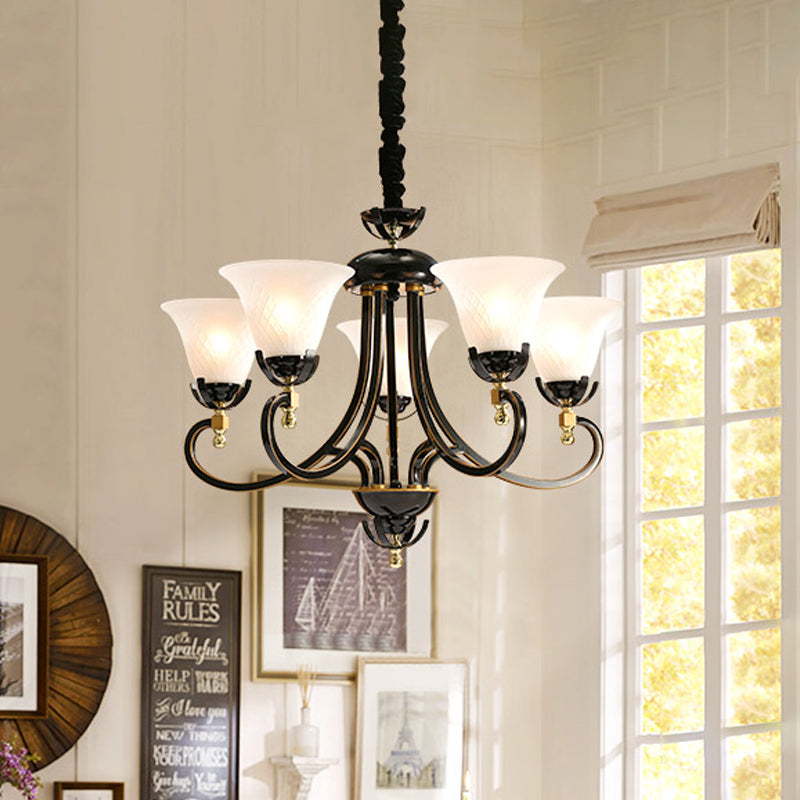 5/8-Bulb Flared Ceiling Chandelier Retro Black Cream Glass Pendant Lighting Fixture for Restaurant 5 Black Clearhalo 'Ceiling Lights' 'Chandeliers' Lighting' options 1454611_eb745570-8662-4107-a52b-7dc3bbe1e0a6