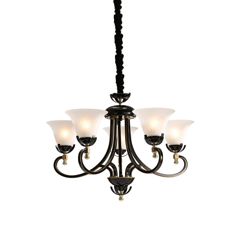 5/8-Bulb Flared Ceiling Chandelier Retro Black Cream Glass Pendant Lighting Fixture for Restaurant Clearhalo 'Ceiling Lights' 'Chandeliers' Lighting' options 1454613