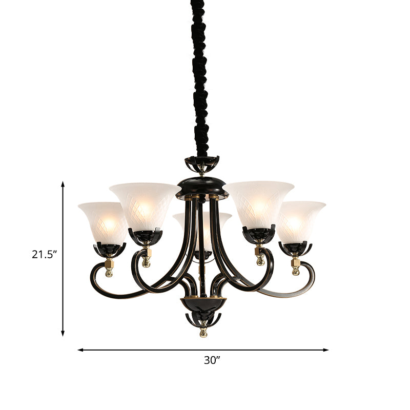 5/8-Bulb Flared Ceiling Chandelier Retro Black Cream Glass Pendant Lighting Fixture for Restaurant Clearhalo 'Ceiling Lights' 'Chandeliers' Lighting' options 1454614