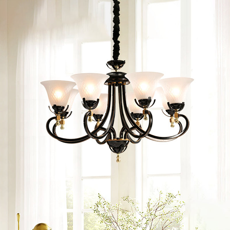 5/8-Bulb Flared Ceiling Chandelier Retro Black Cream Glass Pendant Lighting Fixture for Restaurant 8 Black Clearhalo 'Ceiling Lights' 'Chandeliers' Lighting' options 1454616_1dad2dd5-8523-427b-838a-da7ae07e629f