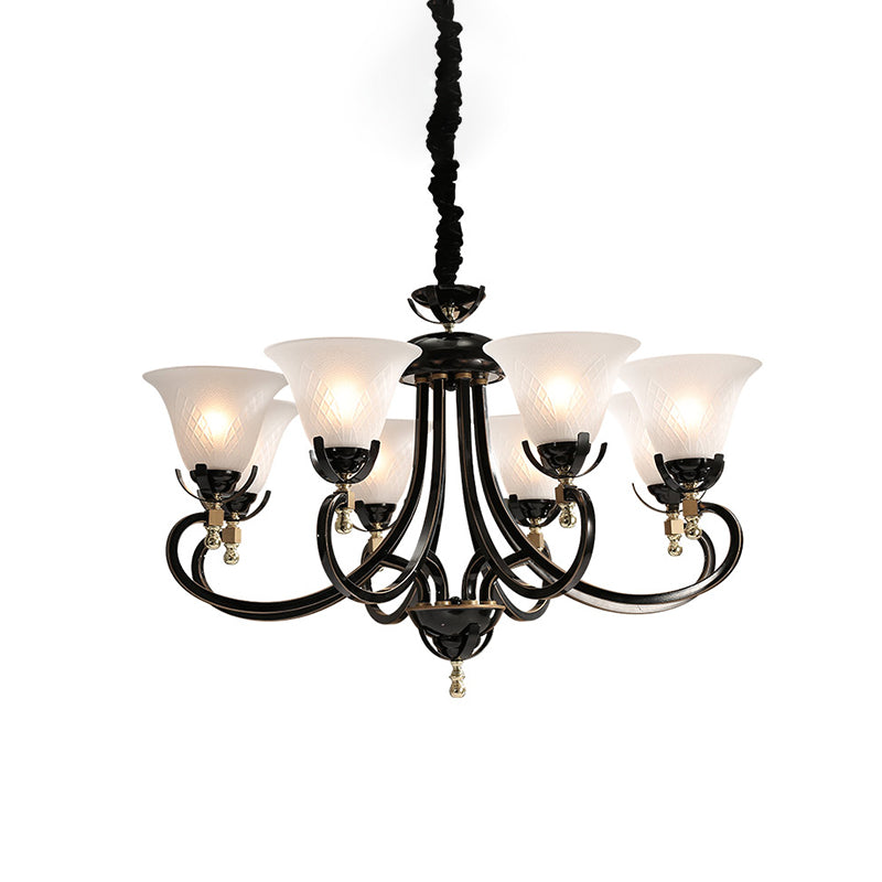 5/8-Bulb Flared Ceiling Chandelier Retro Black Cream Glass Pendant Lighting Fixture for Restaurant Clearhalo 'Ceiling Lights' 'Chandeliers' Lighting' options 1454618