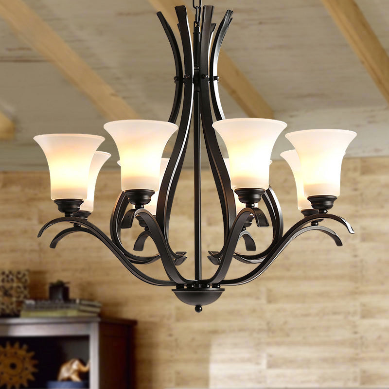 6/8 Lights Milk Glass Chandelier Lamp Retro Style Black Bell Living Room Hanging Pendant Light with Curved Arm Clearhalo 'Ceiling Lights' 'Chandeliers' Lighting' options 1454620