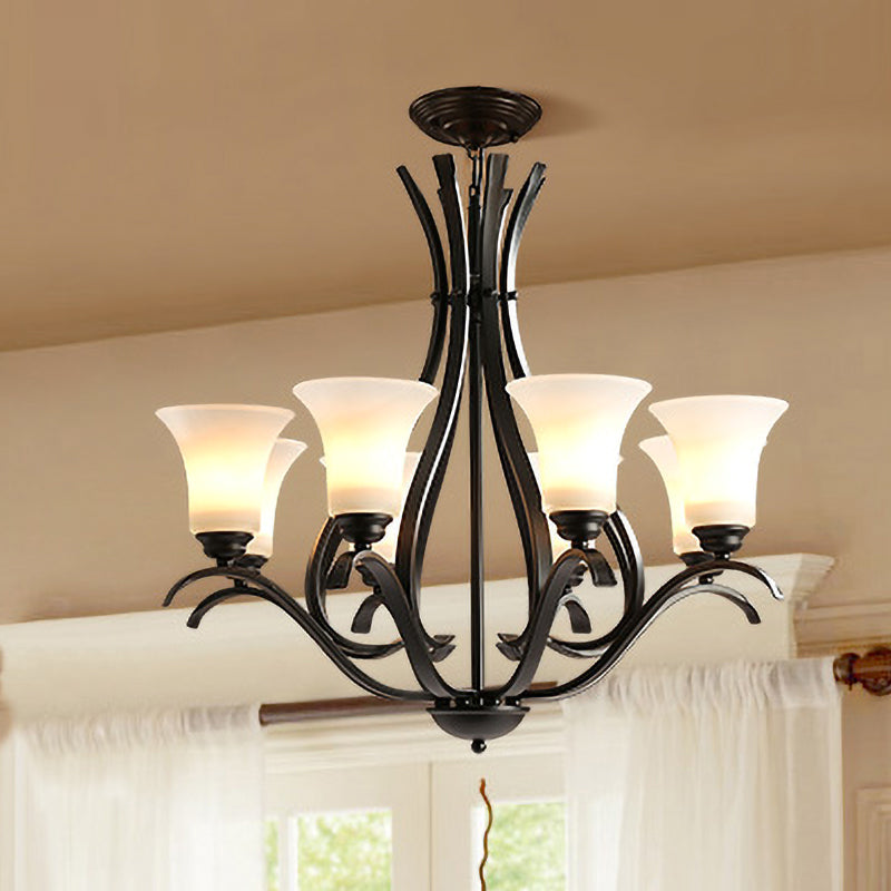 6/8 Lights Milk Glass Chandelier Lamp Retro Style Black Bell Living Room Hanging Pendant Light with Curved Arm Clearhalo 'Ceiling Lights' 'Chandeliers' Lighting' options 1454621