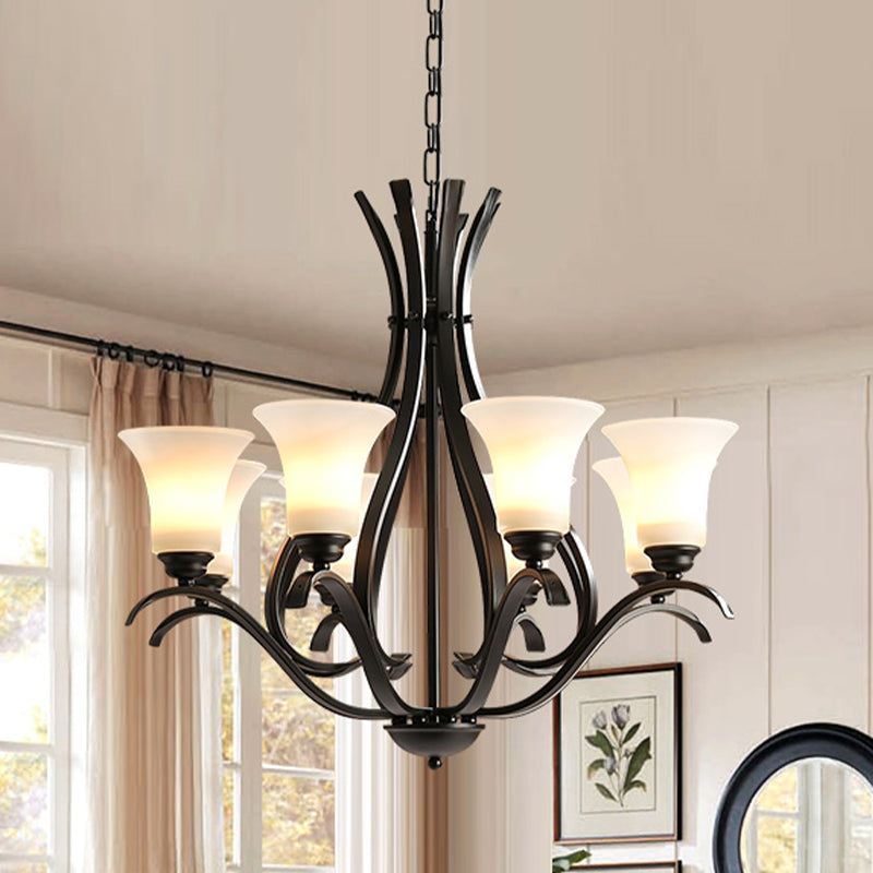 6/8 Lights Milk Glass Chandelier Lamp Retro Style Black Bell Living Room Hanging Pendant Light with Curved Arm Clearhalo 'Ceiling Lights' 'Chandeliers' Lighting' options 1454622