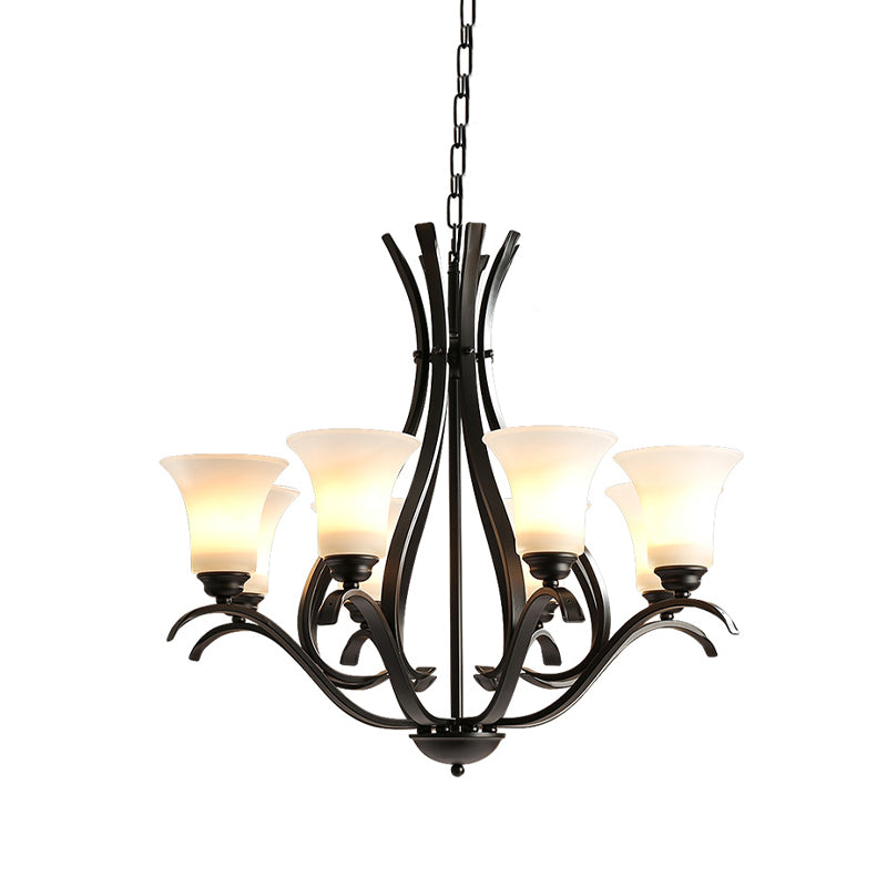 6/8 Lights Milk Glass Chandelier Lamp Retro Style Black Bell Living Room Hanging Pendant Light with Curved Arm Clearhalo 'Ceiling Lights' 'Chandeliers' Lighting' options 1454623