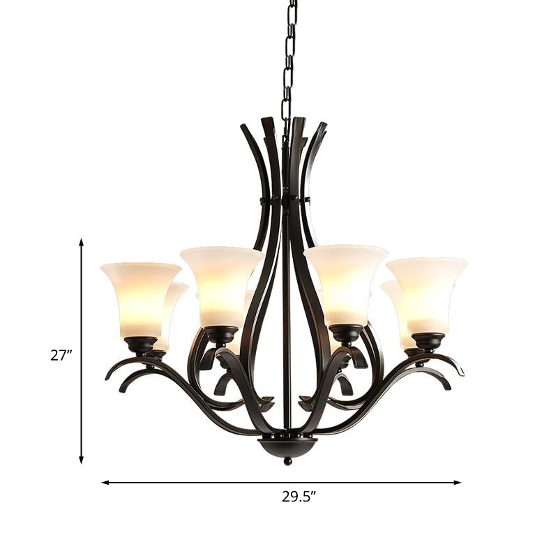 6/8 Lights Milk Glass Chandelier Lamp Retro Style Black Bell Living Room Hanging Pendant Light with Curved Arm Clearhalo 'Ceiling Lights' 'Chandeliers' Lighting' options 1454624