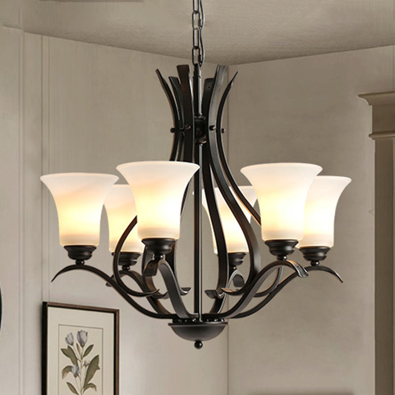 6/8 Lights Milk Glass Chandelier Lamp Retro Style Black Bell Living Room Hanging Pendant Light with Curved Arm Clearhalo 'Ceiling Lights' 'Chandeliers' Lighting' options 1454625