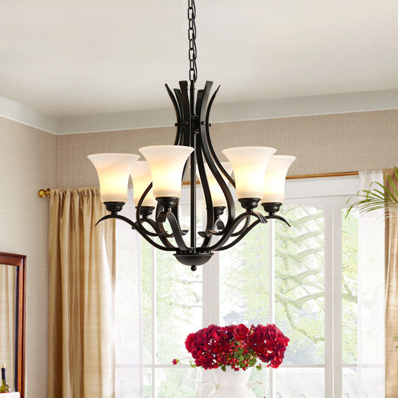 6/8 Lights Milk Glass Chandelier Lamp Retro Style Black Bell Living Room Hanging Pendant Light with Curved Arm Clearhalo 'Ceiling Lights' 'Chandeliers' Lighting' options 1454626