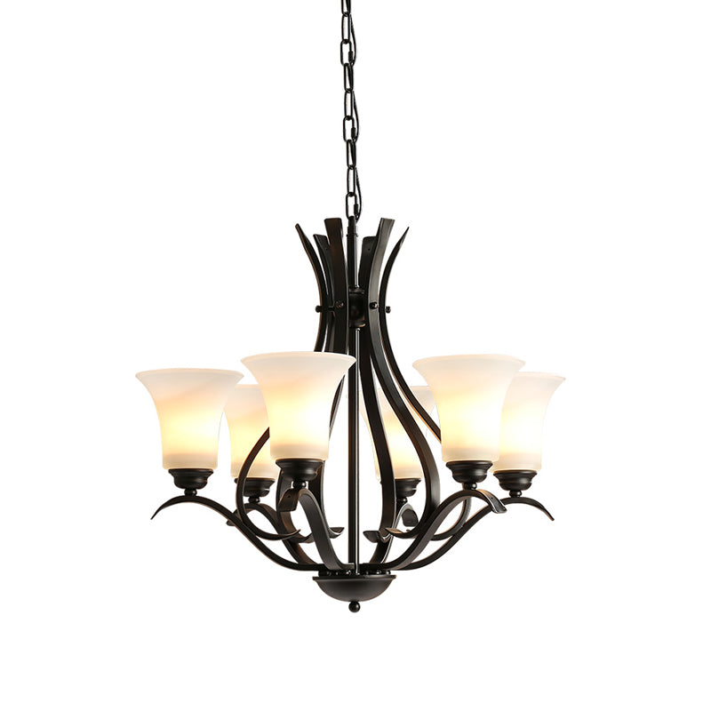 6/8 Lights Milk Glass Chandelier Lamp Retro Style Black Bell Living Room Hanging Pendant Light with Curved Arm Clearhalo 'Ceiling Lights' 'Chandeliers' Lighting' options 1454627