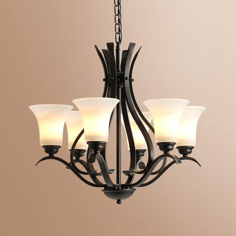 6/8 Lights Milk Glass Chandelier Lamp Retro Style Black Bell Living Room Hanging Pendant Light with Curved Arm Clearhalo 'Ceiling Lights' 'Chandeliers' Lighting' options 1454628