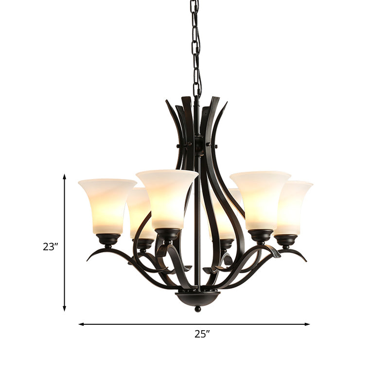 6/8 Lights Milk Glass Chandelier Lamp Retro Style Black Bell Living Room Hanging Pendant Light with Curved Arm Clearhalo 'Ceiling Lights' 'Chandeliers' Lighting' options 1454629