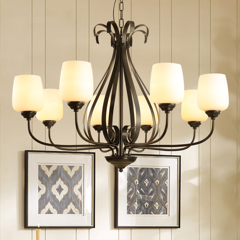 Cream Glass Tulip Chandelier Lamp Vintage 3/6/8 Bulbs Dining Room Pendant in Black with Raindrop Cage Clearhalo 'Ceiling Lights' 'Chandeliers' Lighting' options 1454630