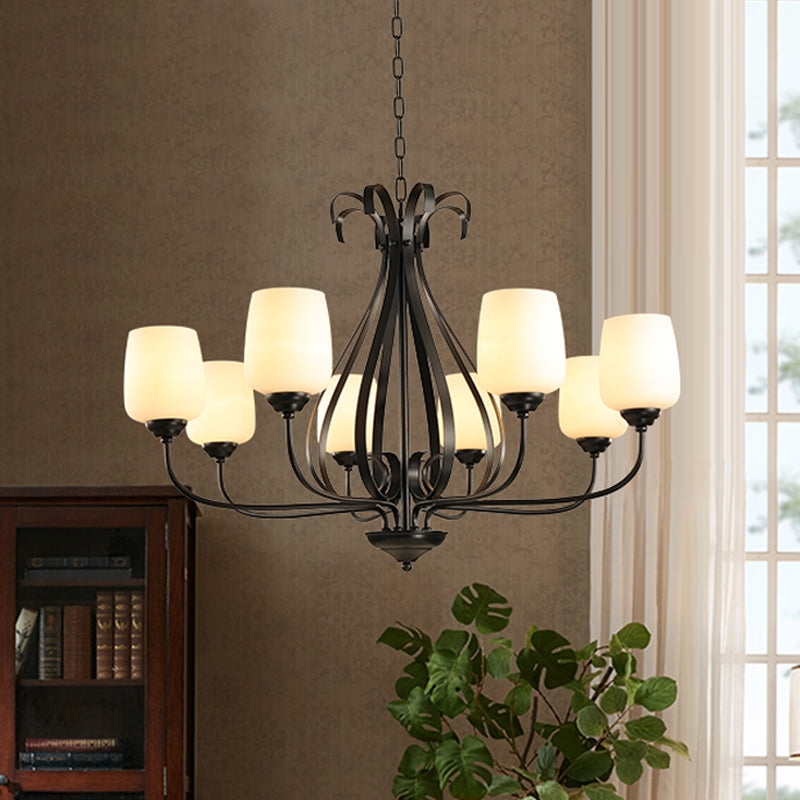 Cream Glass Tulip Chandelier Lamp Vintage 3/6/8 Bulbs Dining Room Pendant in Black with Raindrop Cage Clearhalo 'Ceiling Lights' 'Chandeliers' Lighting' options 1454631