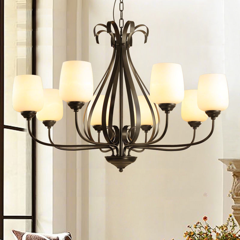 Cream Glass Tulip Chandelier Lamp Vintage 3/6/8 Bulbs Dining Room Pendant in Black with Raindrop Cage Clearhalo 'Ceiling Lights' 'Chandeliers' Lighting' options 1454632