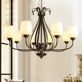 Cream Glass Tulip Chandelier Lamp Vintage 3/6/8 Bulbs Dining Room Pendant in Black with Raindrop Cage Clearhalo 'Ceiling Lights' 'Chandeliers' Lighting' options 1454632