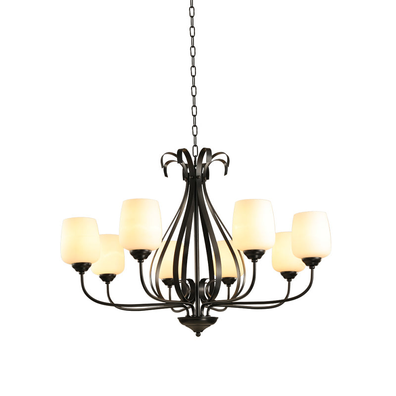 Cream Glass Tulip Chandelier Lamp Vintage 3/6/8 Bulbs Dining Room Pendant in Black with Raindrop Cage Clearhalo 'Ceiling Lights' 'Chandeliers' Lighting' options 1454633