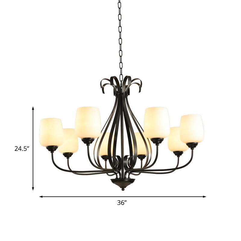 Cream Glass Tulip Chandelier Lamp Vintage 3/6/8 Bulbs Dining Room Pendant in Black with Raindrop Cage Clearhalo 'Ceiling Lights' 'Chandeliers' Lighting' options 1454634