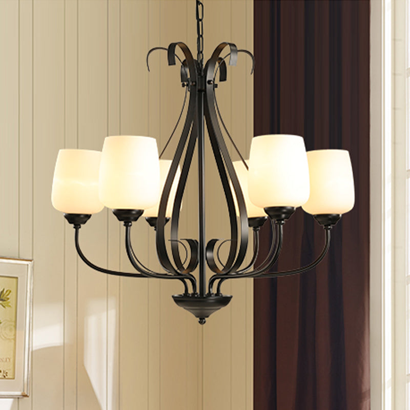 Cream Glass Tulip Chandelier Lamp Vintage 3/6/8 Bulbs Dining Room Pendant in Black with Raindrop Cage Clearhalo 'Ceiling Lights' 'Chandeliers' Lighting' options 1454635