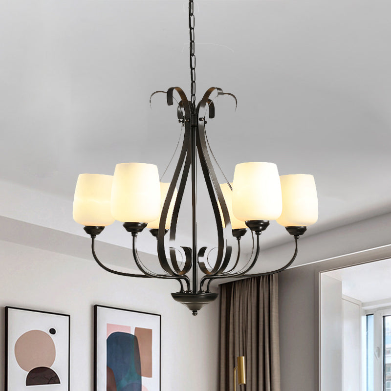 Cream Glass Tulip Chandelier Lamp Vintage 3/6/8 Bulbs Dining Room Pendant in Black with Raindrop Cage Clearhalo 'Ceiling Lights' 'Chandeliers' Lighting' options 1454636